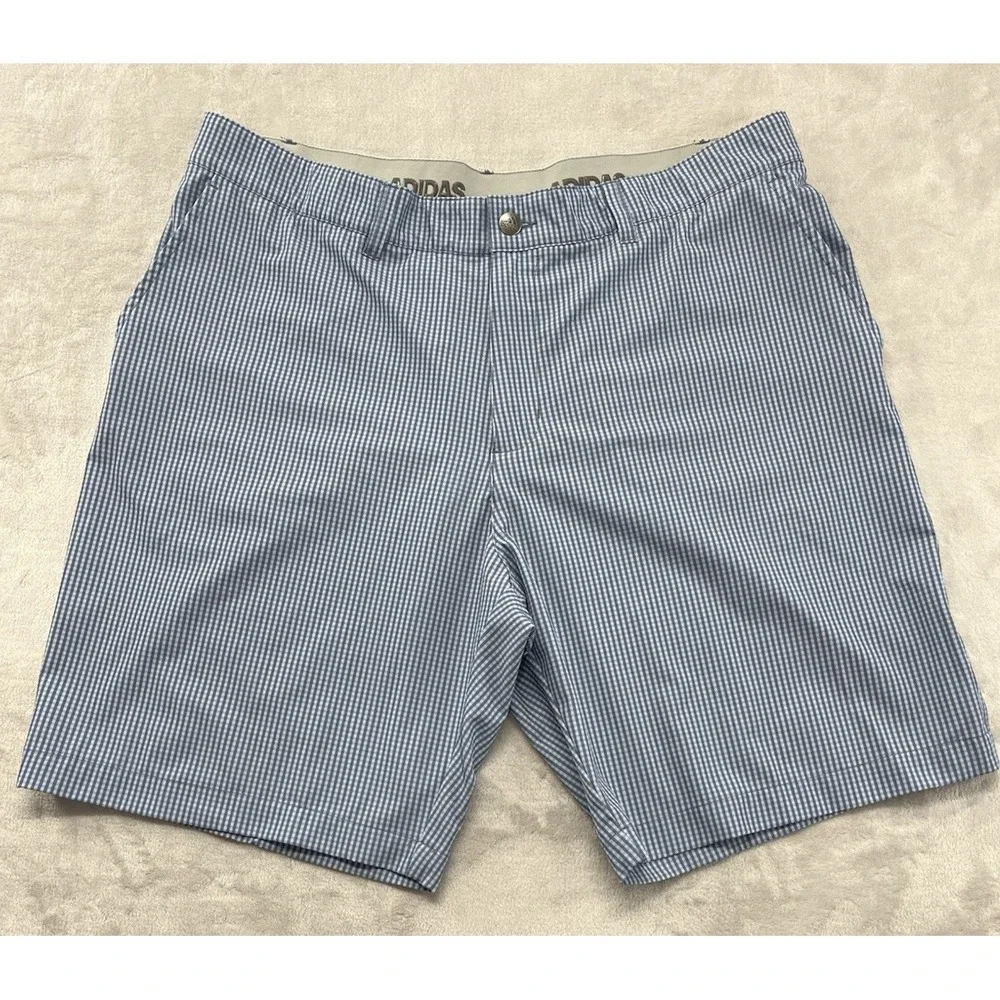 Adidas Short Men 38 Blue Checked 3 Stripes Performance Breathable Golf Casual